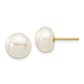 14K 8-9mm White Button Freshwater Cultured Pearl Stud Post Earrings